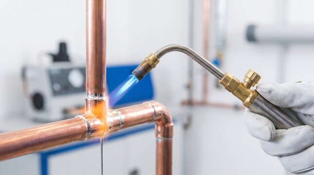 HVAC brazing torch used for copper joint assembly in workshop  