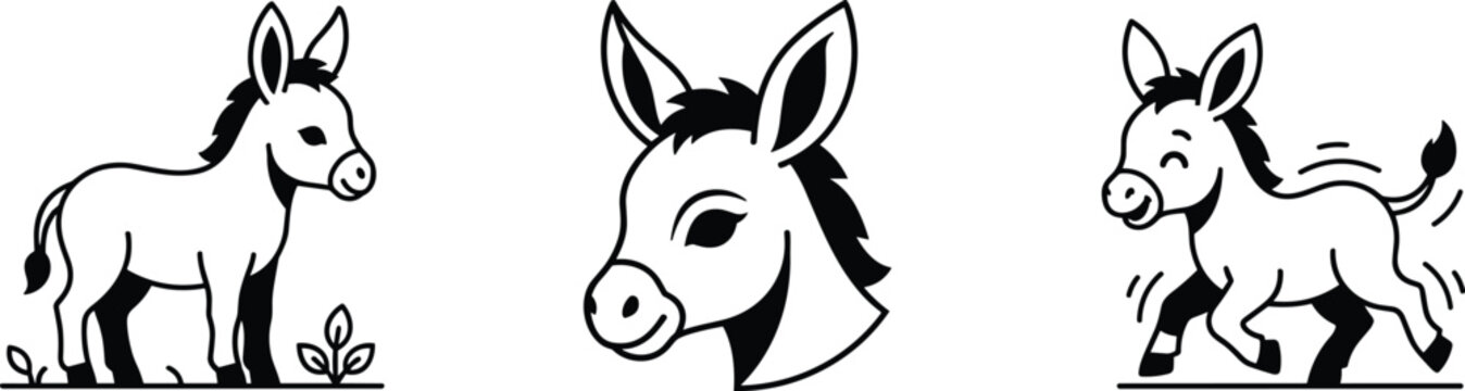 Cute donkey line art vector collection featuring standing little burro, animal head portrait, and happy running foal