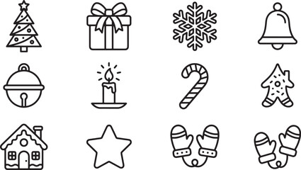 Fototapeta premium Set of Christmas holiday line icons featuring festive symbols for winter season design and web graphics