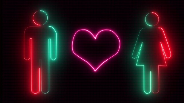 Women and man animation by blue and pink color neon icon on black background. Male and female simple icon. Toilet sign icon neon light glowing man and woman. Gender icon 4K video animation.