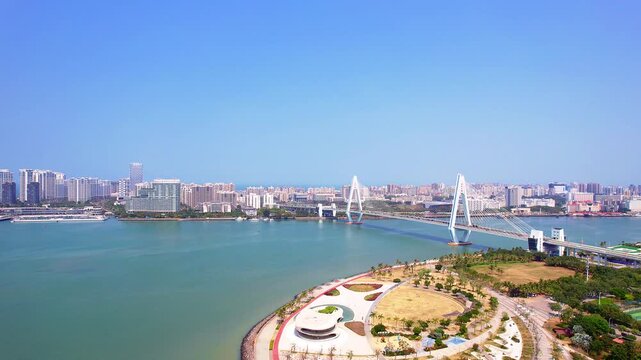 Aerial view of the Haidian River Century Bridge in Haikou, Hainan Island, China