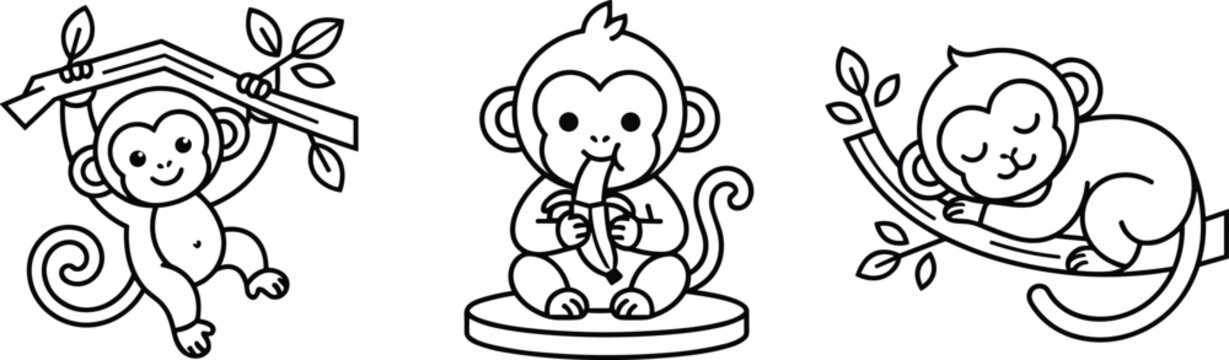 Cute monkey line art vector collection featuring chimpanzee swinging on branch, eating banana, and sleeping on tree limb