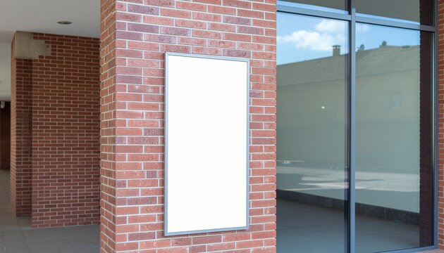 Blank white vertical poster mockup on a red brick pillar next to a large glass window, modern building entrance or corridor exterior design with copy space for advertising.