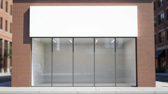 Blank white rectangular signage mockup above an empty shopfront window on a red brick wall building, modern store exterior design with copy space, 3d render illustration.