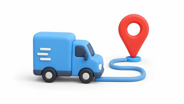 Blue 3D delivery truck following a path to a location pin