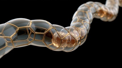 Fototapeta premium twisting structure made of glass-like elements is shown in detail. design features interconnected shapes that create a unique pattern on a dark background