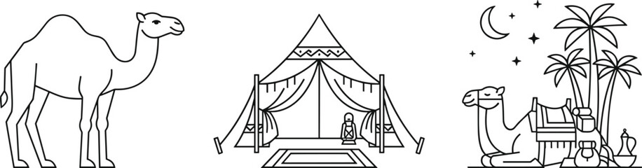 Desert camping vector illustration set featuring modern minimalist camel nomadic tent and palm oasis icons © MdAlom