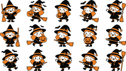 Fototapeta premium Collection of cute cartoon halloween witch characters with brooms and pumpkins isolated on transparent background