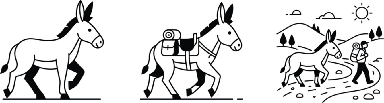 Donkey vector illustration set featuring modern minimalist pack mule travel baggage and mountain hiking landscape icons