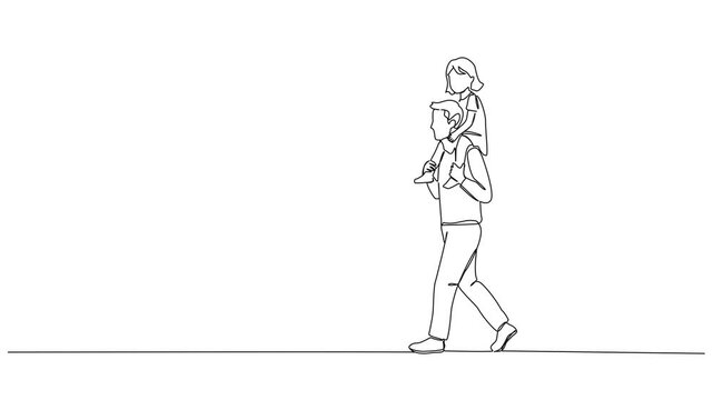 animated continuous line drawing of dad carrying young daughter on his shoulders while walking, minimalist line art animation