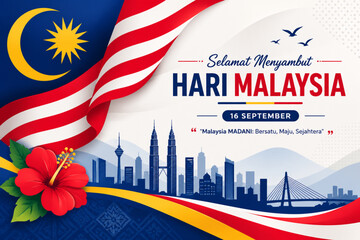 Fototapeta premium Malaysia Day Celebration Banner with Flag, Skyline and Festive Flat Vector Illustration