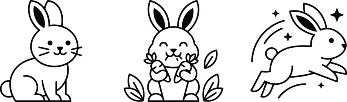 Cute Easter rabbit line art icon collection featuring sitting bunny, rabbit eating carrots, and jumping hare vector