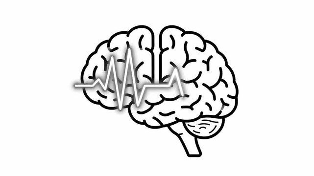 Human brain line art with pulse wave showing cognitive function and mental health awareness