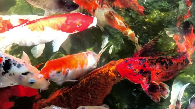 Colorful koi fish swimming actively in a serene garden pond