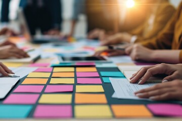 Naklejka premium Brainstorming and team work collaboration for creative business strategy in office