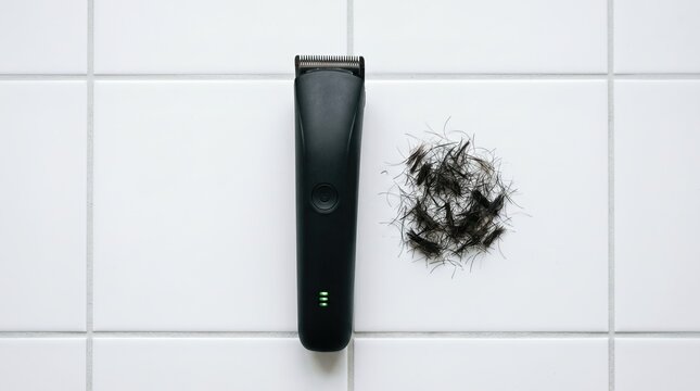 Electric hair clipper trimmer next to cut short hair on white bathroom tile background