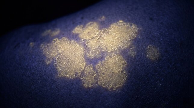 Psoriasis or fungal skin infection glowing under ultraviolet wood lamp examination in dermatology clinic