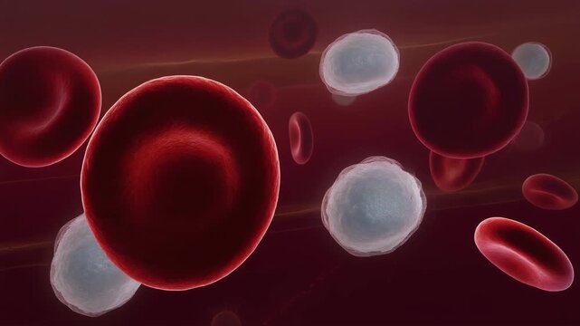Close up digital illustration of red and white blood cells flowing in bloodstream medical concept