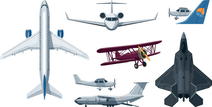 Airplane and Aircraft Collection Set Featuring Commercial Airliner Private Jet Military Fighter Stealth Biplane and Propeller Planes Vector Illustration