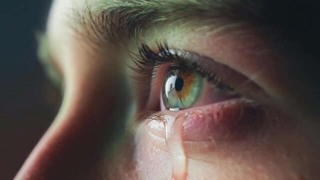 Close up of a human eye with a tear reflecting light showing detailed green iris and emotional expression