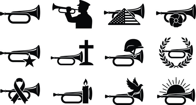 Military bugle combined with memorial symbols like soldiers, flags, poppies, crosses, helmets, and doves in black and white set