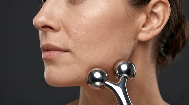 Close up of woman using metallic roller massager on jawline for facial lifting beauty treatment