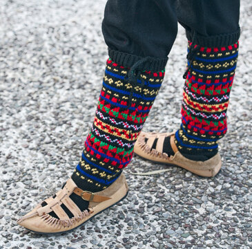 Example of traditional greek folklore shoes. Man costume detail
