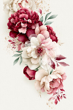 Luxury Botanical Peony Watercolor Illustration with Antique Gold Accents on Ivory Background