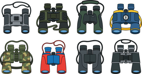 Set of colorful vector binoculars with straps for outdoor travel, camping, birdwatching, and safari exploration © Afsana