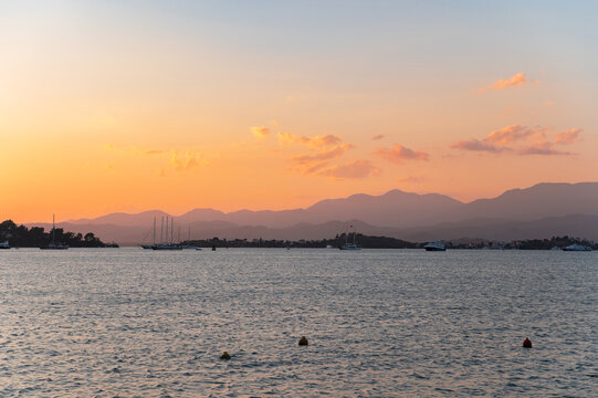 Peaceful sunset over the bay and mountains in Fethiye, Turkey