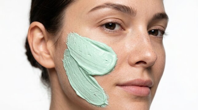Close up of young woman with green clay mud mask on cheek for purifying skin treatment