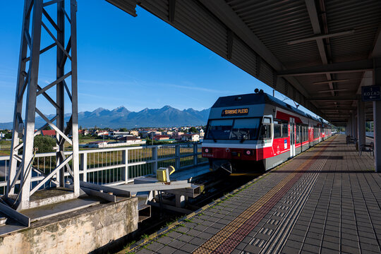 Poprad, Slovakia - July 25, 2026: Tatra Electric Railway train bound for Strbske Pleso at Poprad-Tatry station.