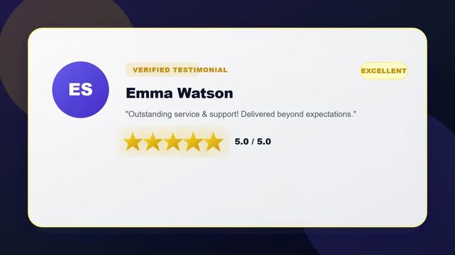 Animated customer testimonial card with five star rating