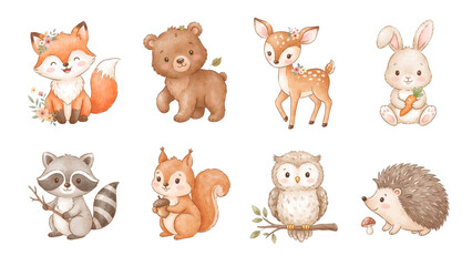 Fototapeta premium Cute Woodland Baby Animals Vector Collection with Fox Bear Deer Bunny Raccoon Owl and Hedgehog Nursery Clipart for Baby Shower Isolated on White Background