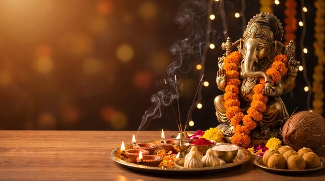 Lord Ganesha idol with ceremonial puja tray, incense, diya lamps, modak and laddoo sweets. Dark Ganesh Chaturthi banner with copy space for 