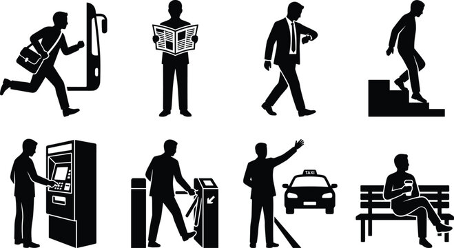 Business Commuter Silhouette Set Featuring Businessman Boarding Bus Reading Newspaper Checking Watch Stairs ATM Turnstile Taxi Bench