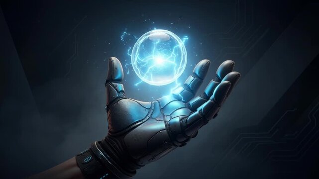 Futuristic robotic hand holding glowing energy orb symbolizing advanced technology and innovation