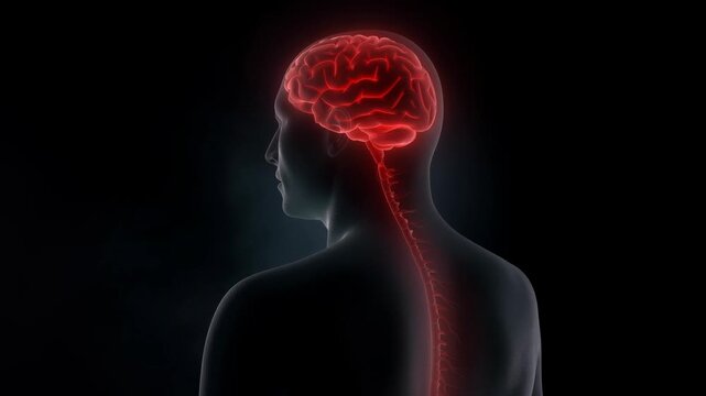 Human brain and spine glowing red with highlighted spinal cord pain and nervous system anatomy