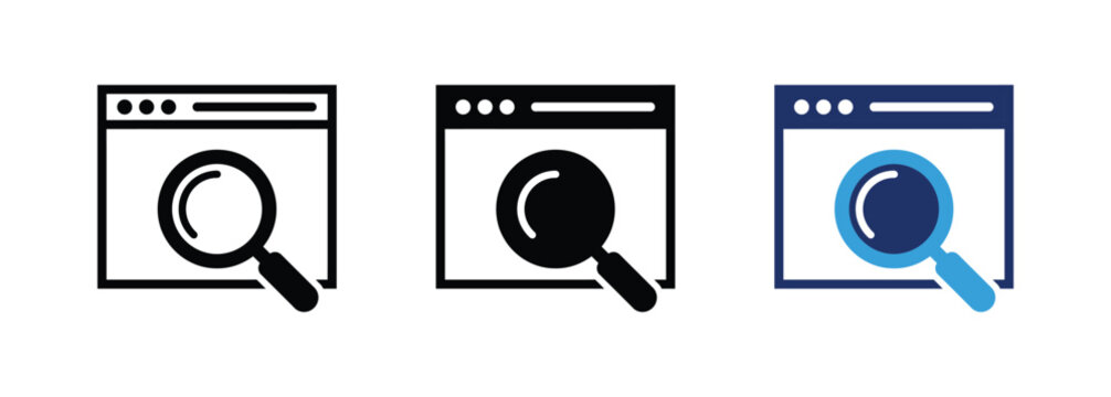 Set of three web browser icons featuring a magnifying glass representing search engine optimization and internet research concepts for digital design