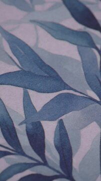 Slow Pan Macro View Of  Abstract Blue Watercolor Leaf Print Botanical Pattern Background