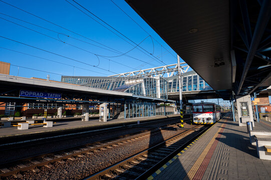 Poprad, Slovakia - July 25, 2026: Train arriving at Poprad-Tatry railway station platform.