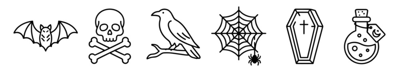 Obraz premium Halloween symbols set with bat, skull with crossbones, raven, spider web, coffin and potion bottle line art icons on transparent background