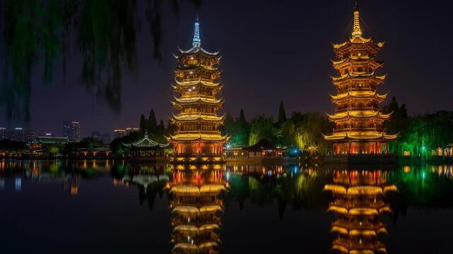 Beautiful night view of traditional illuminated Chinese pagodas reflecting on calm water in a serene park