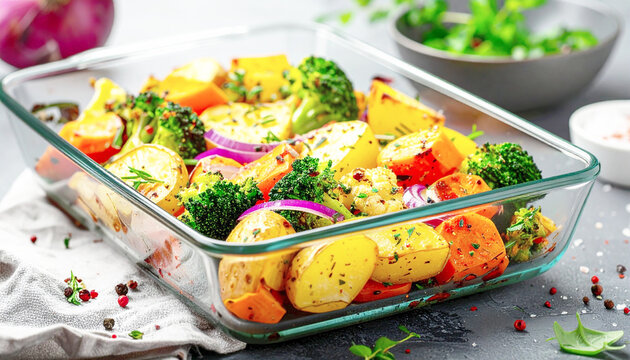 Roasted vegetables, potatoes, carrots, broccoli, cauliflower and onions, baking dish. AI