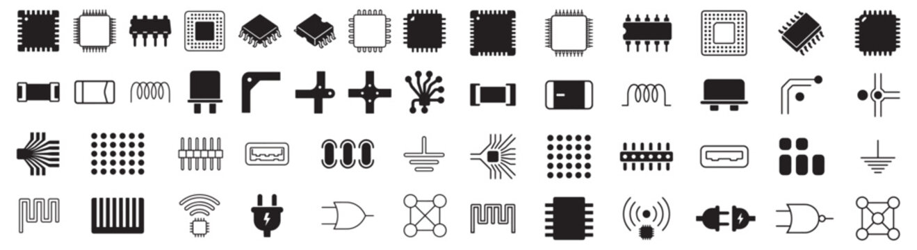 Electronic Components Icon Set &mdash; Microchip, Circuit Symbols and Hardware Silhouettes for Design