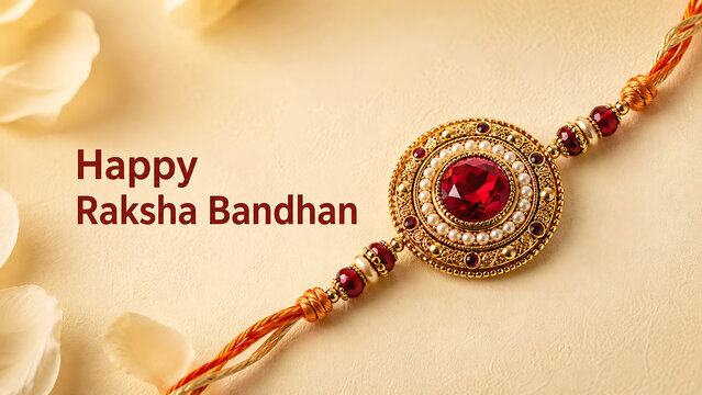Happy raksha bandhan greeting featuring luxurious ruby gemstone rakhi with pearls on warm cream background for elegant hindu religious festival celebration card design