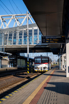 Poprad, Slovakia - July 25, 2026: Train arriving at Poprad-Tatry railway station platform.