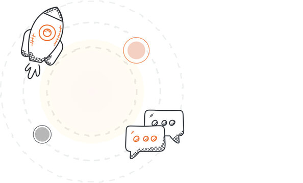 Startup launch rocket doodle icon set. Hand drawn blasting rocket ship sketch. Chat message bubbles circular spot illustration. Business success innovation, startup growth vector UI UX app, abstract