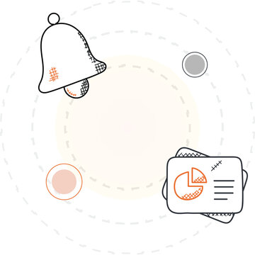 Notification bell, analytics doodle icon. Hand drawn ringing alert bell sketch. Metric indicator circles, data report cards pie chart. Business dashboard design, infographic presentation template ui