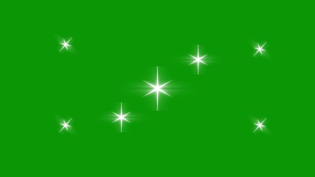 Retro twinkling stars shine animation, white cartoon sparkles, glowing glitter trails, smooth blinking effects on, green screen background. 4k